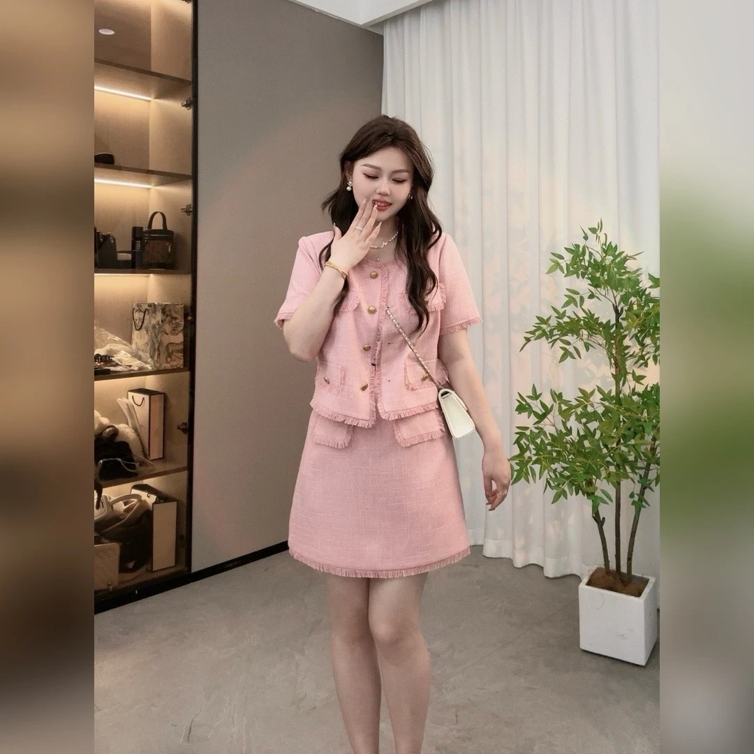 NANXU/楠序迪迪微胖女装2024夏季小香风套装裙气质两件套女DD8010