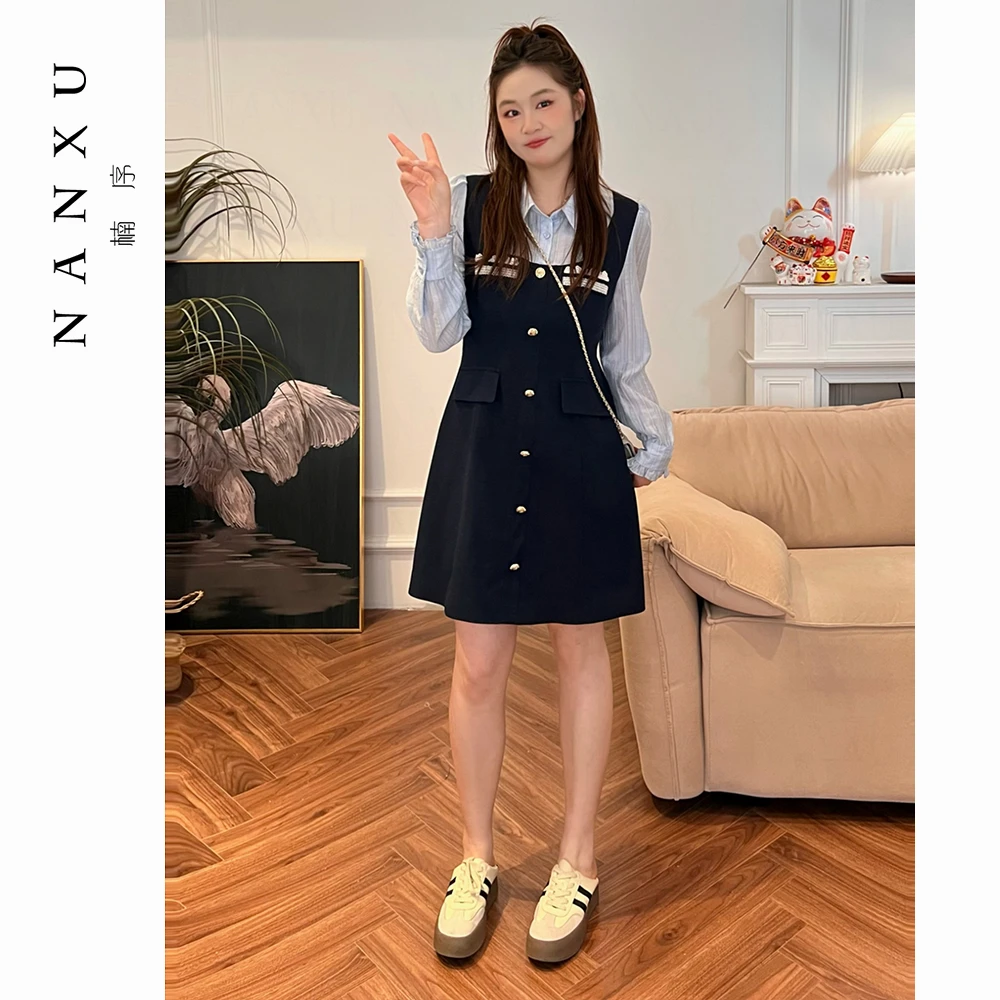 NANXU/楠序源子大码女装 2025春季显瘦假两件高贵连衣裙女YZ32122