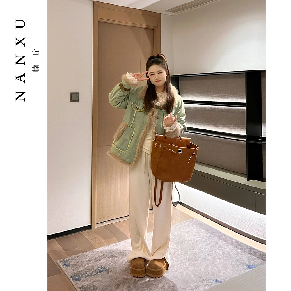 楠序源子微胖大码女装 2024冬季时尚加绒保暖牛仔外套女YZ33065