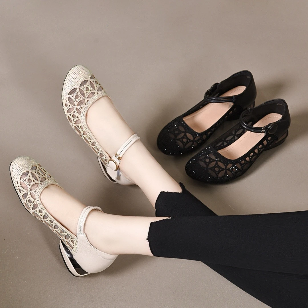 真皮网纱单鞋2024夏季新款平底镂空女鞋粗跟软底透气皮鞋妈妈凉鞋