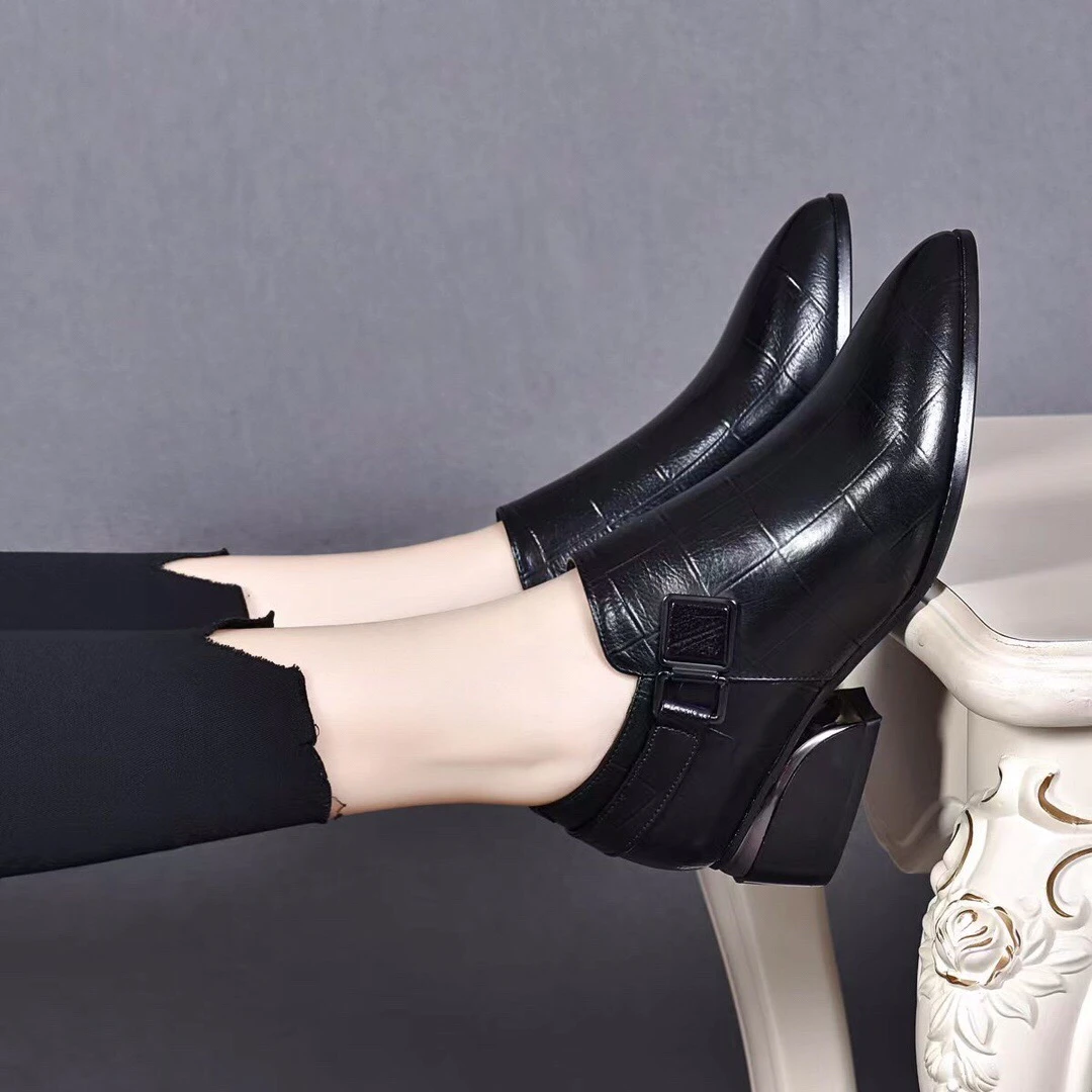 2023春秋新款深口单鞋女士软底皮鞋压花牛皮尖头低跟粗跟真皮女鞋