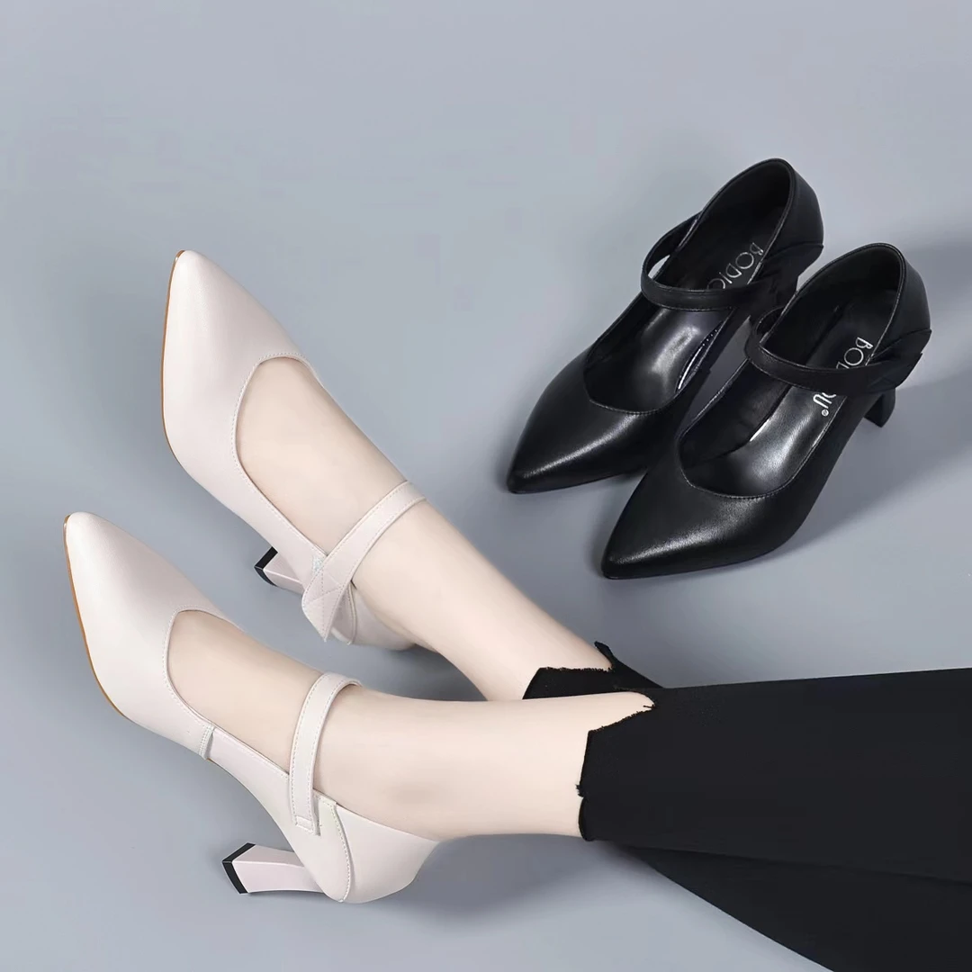 2024新款春夏季真皮浅口单鞋女软皮玛丽珍女鞋尖头皮鞋细跟高跟鞋
