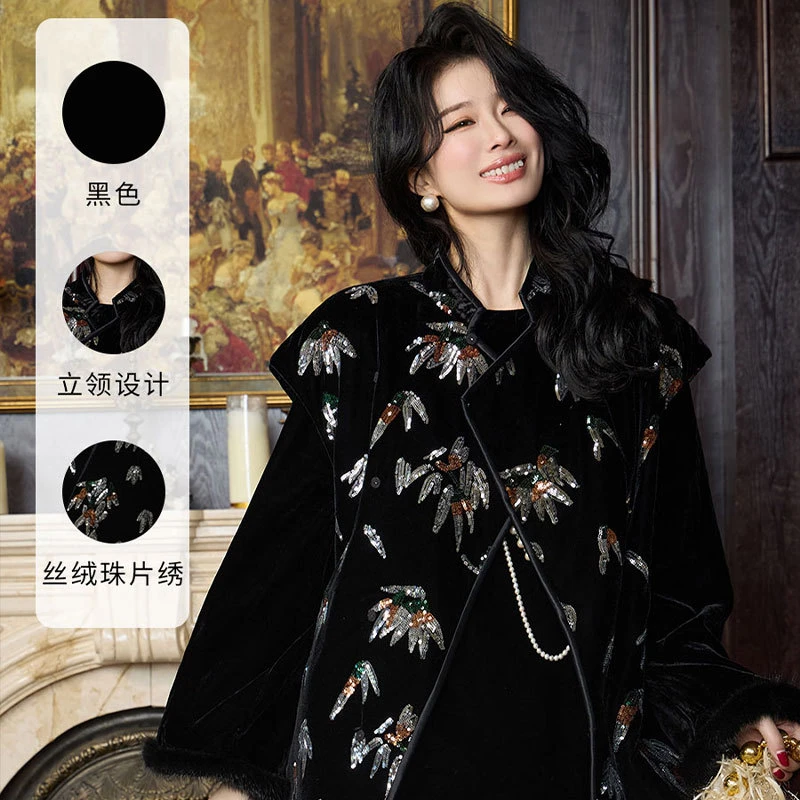 新中式丝绒马甲满绣珠片绣时尚大气款式上衣黑色加棉薄棉服背心女