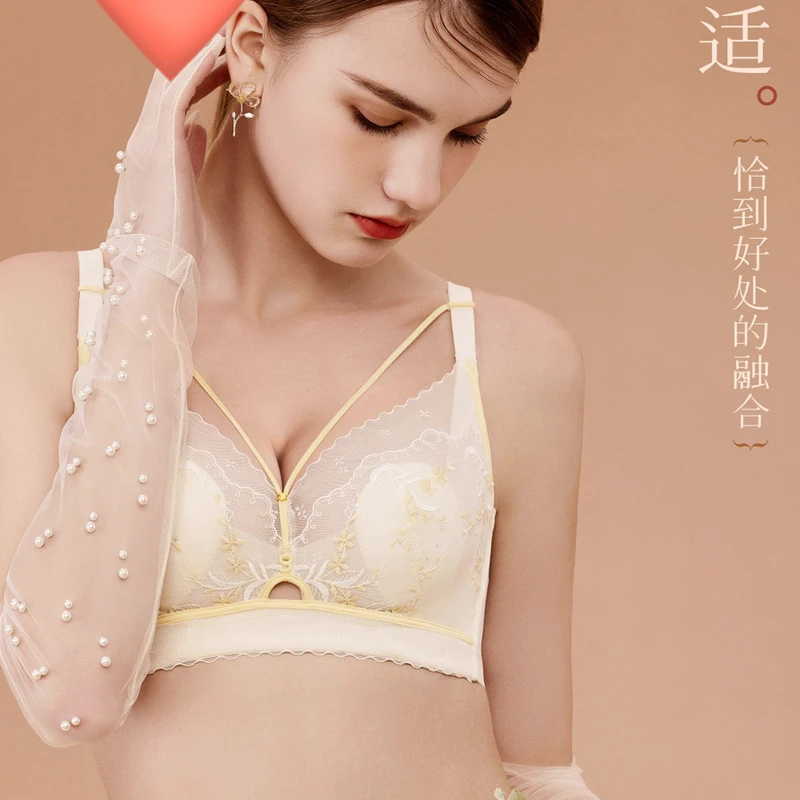 俏丹莉9408无钢圈超薄AB水晶杯文胸花瓣刺绣蕾丝网纱舒适薄款女士