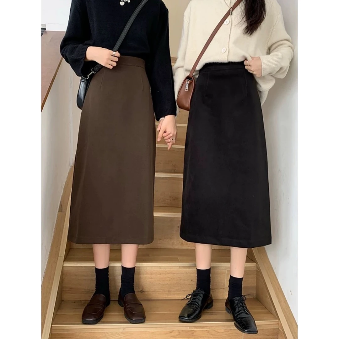 【三个长度】韩版秋新款半身裙双面呢子开叉直筒裙女2811#0.13 xc