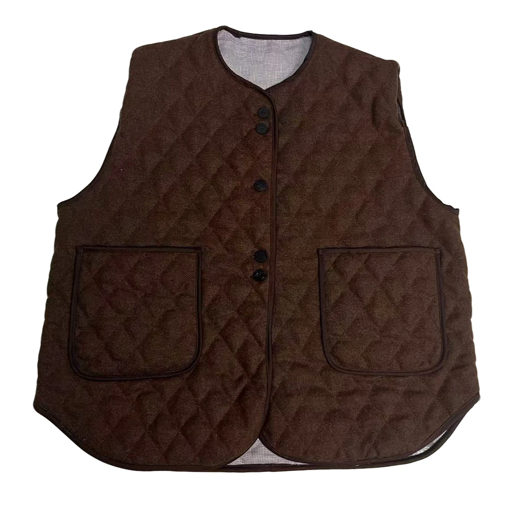 一半---咖色宽松版型圆领夹棉马甲241029