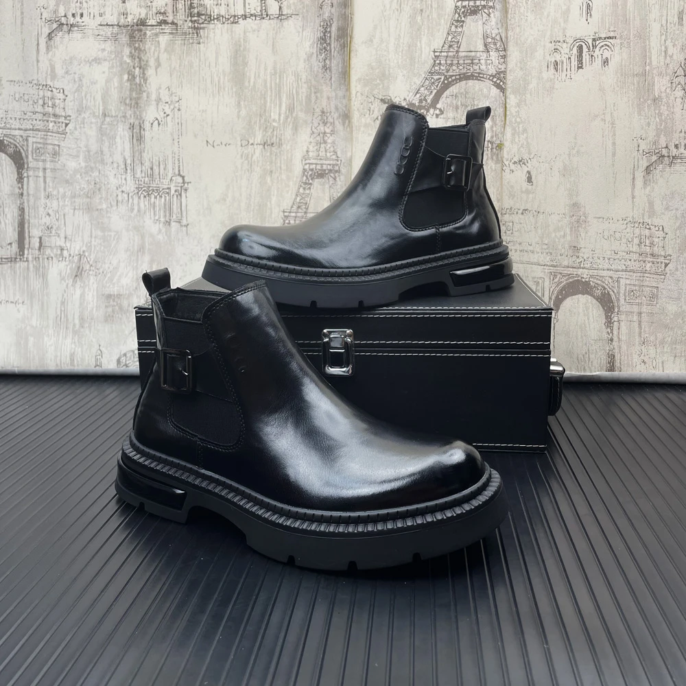 秋冬新款男士英伦风真皮尖头短筒切尔西靴户外商务休闲高帮男鞋子