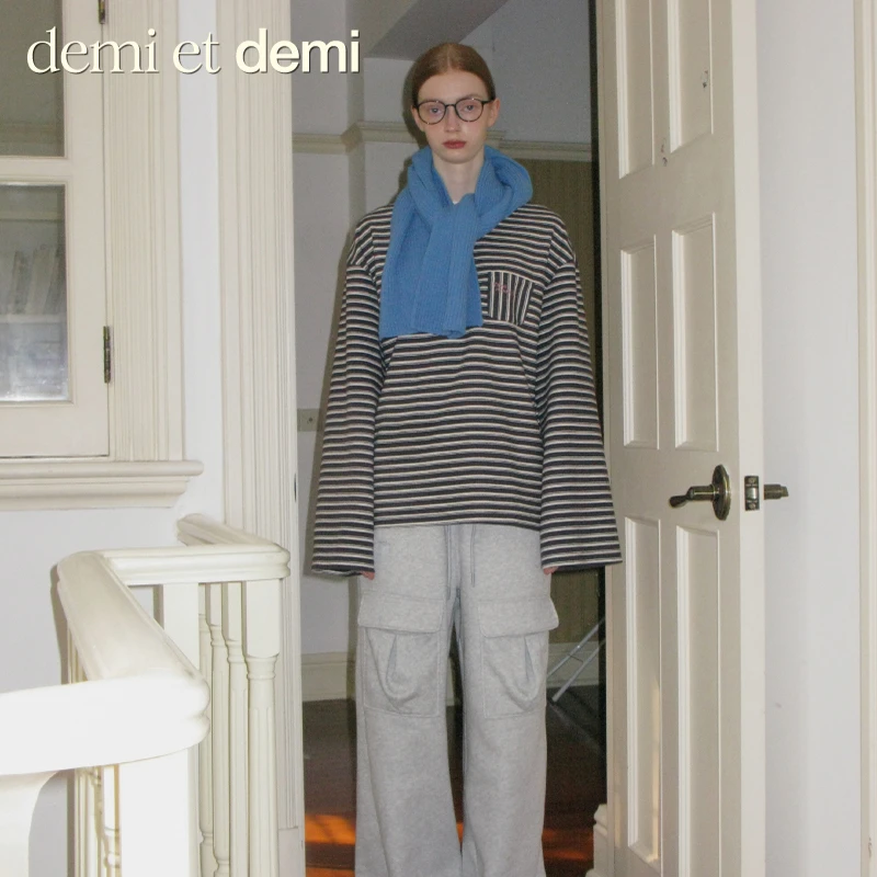 demi et demi【林允同款】毛巾棉学院风刺绣减龄百搭宽松条纹衫