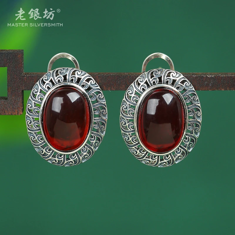 【老银坊】s925银血珀椭圆蛋面风车花耳扣 0011888