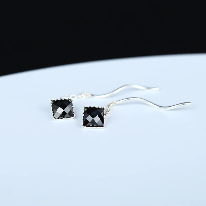 老银坊 925银合成锆石耳饰 黑方耳线 0013009