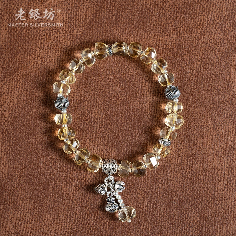 【老银坊】s925银切面黄水晶莲蓬钱袋手串 00351569