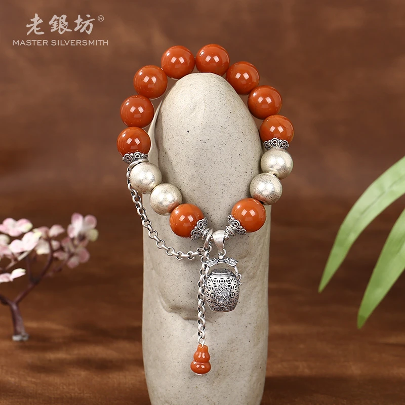 s925银南红恭喜发财双喜桶手串 00351427