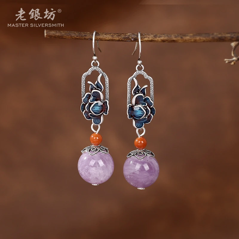 【老银坊】s925银紫水晶牡丹花窗耳坠 0014723
