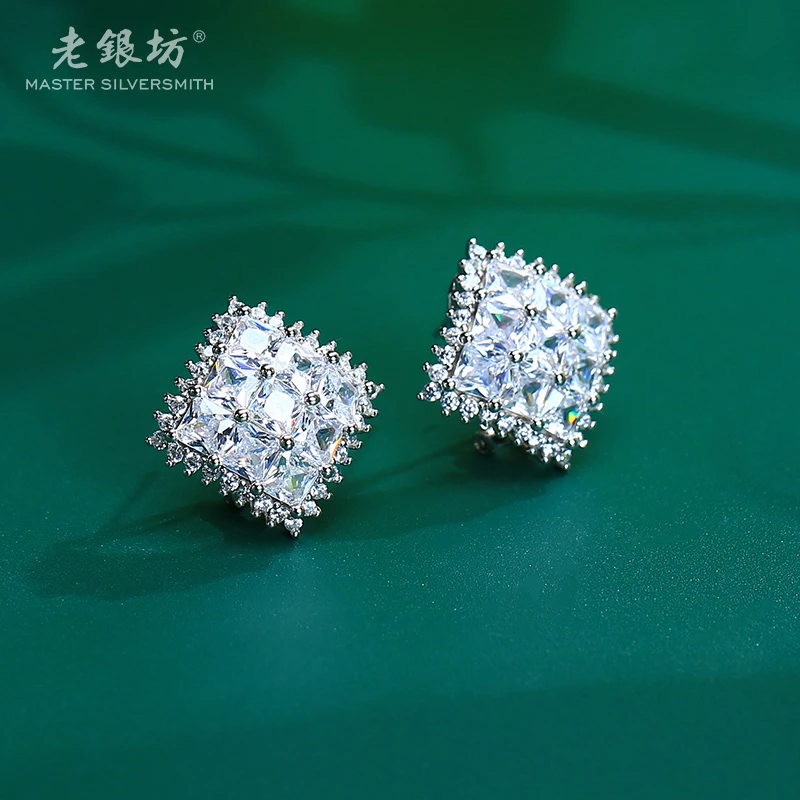 老银坊 925银合成锆石耳饰 满钻九宫格耳扣 0015079