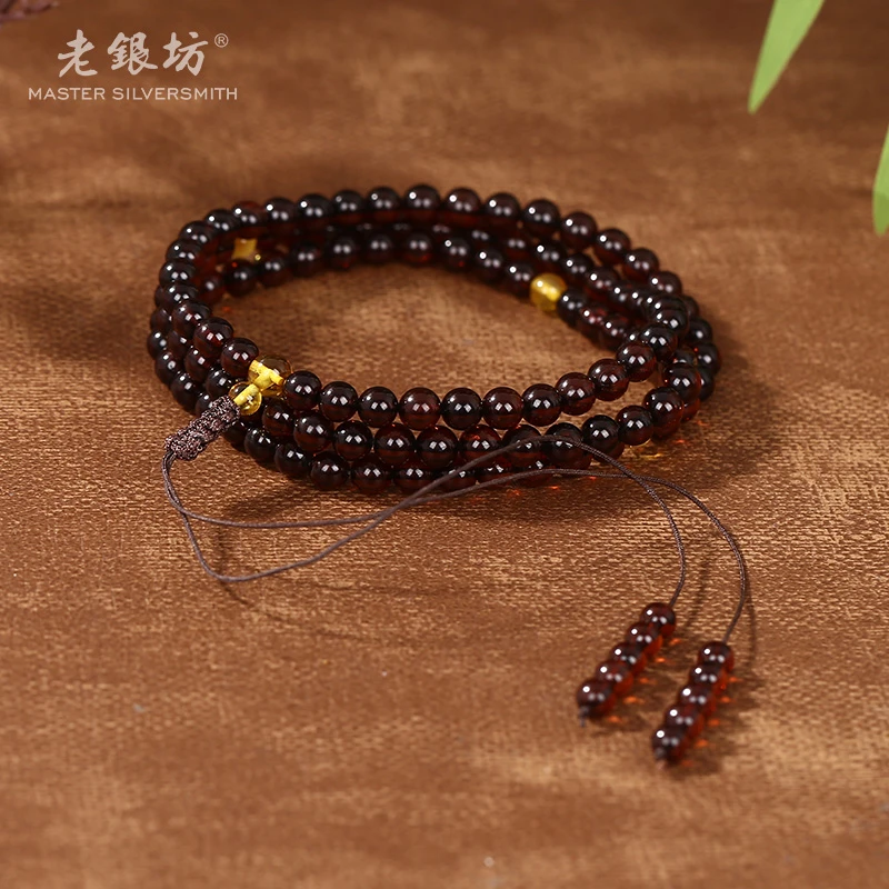 【老银坊】血珀108佛珠手串-棕 00351442