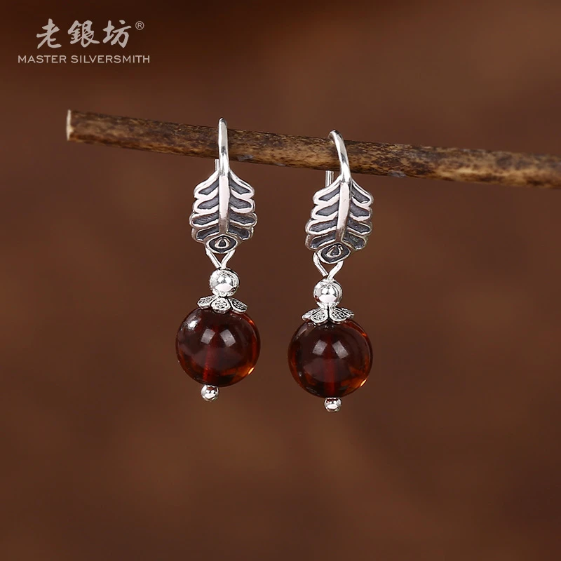 【老银坊】s925银羽毛血珀珠耳坠 0014694