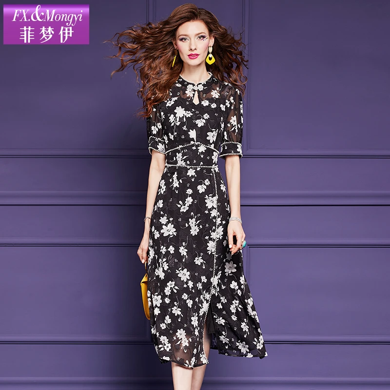 菲梦伊夏季新款洋气碎花高腰时尚气质名媛收腰显瘦连衣裙56680