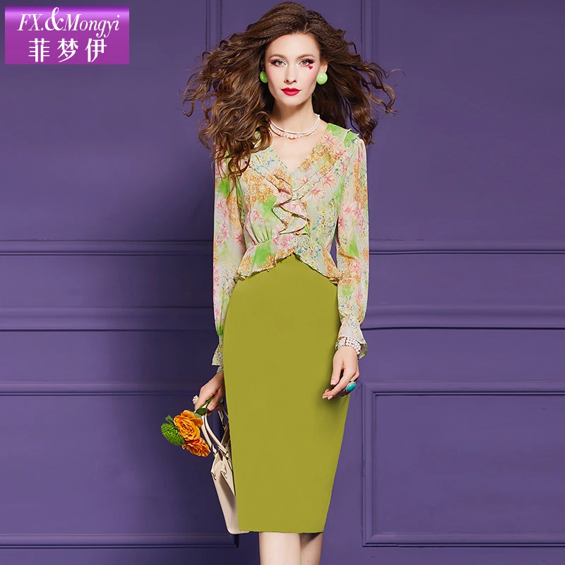 菲梦伊新款时尚印花拼接气质修身中长款连衣裙59279