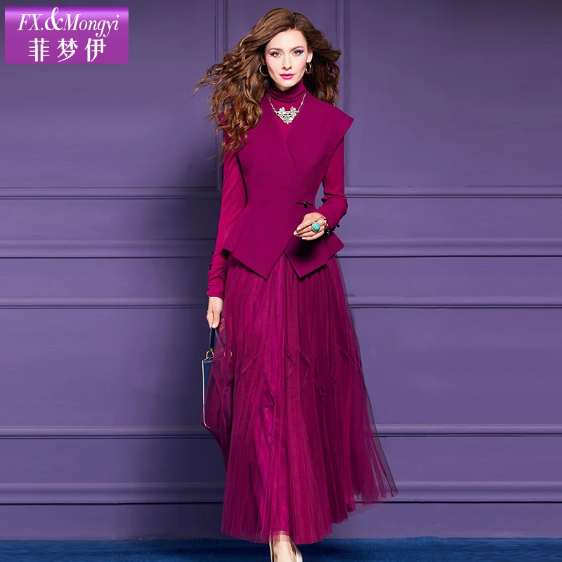 菲梦伊新款时尚套装气质马甲外套收腰网纱半裙两件套60088