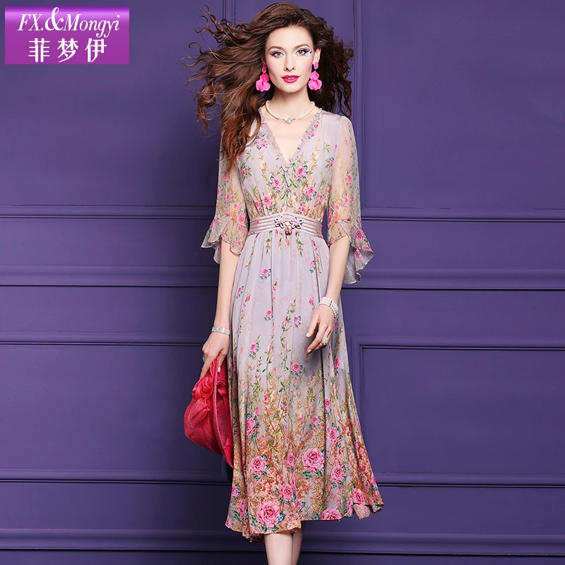 菲梦伊新款100桑蚕丝连衣裙喇叭袖印花气质中长裙57583