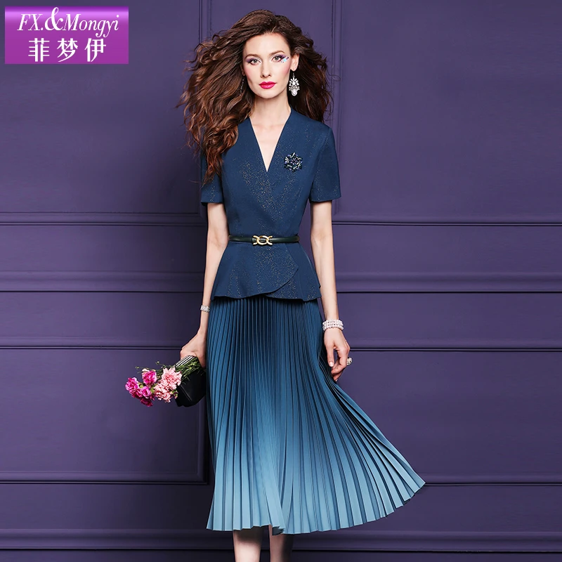 菲梦伊时尚套装夏季复古高端别致收腰上衣配渐变色百褶半裙57230