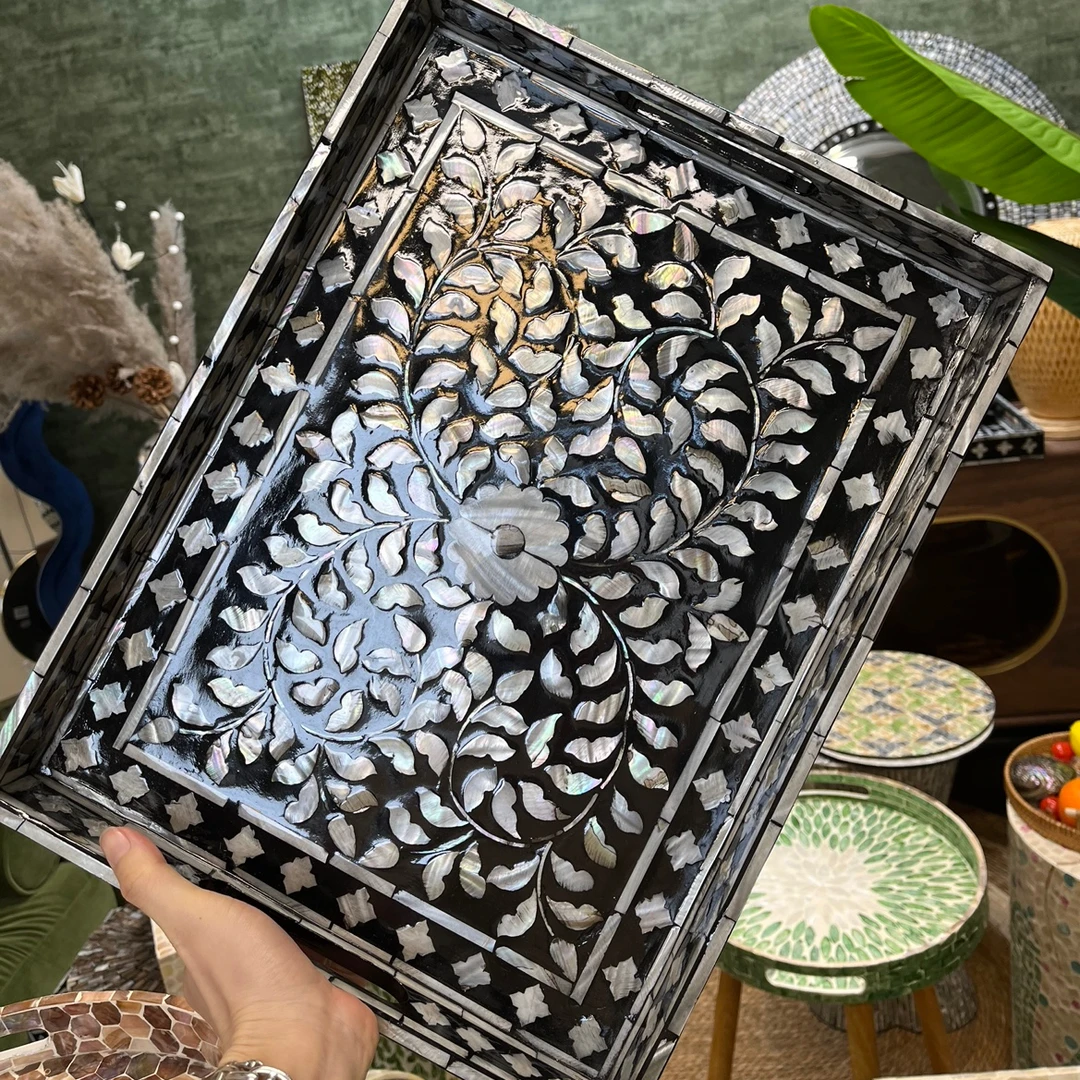 新款黑色全贝壳托盘浴室洗手台收纳托盘书房精美纯手工家用长方形