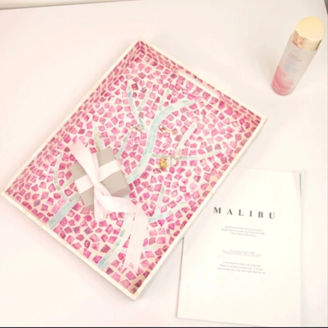 T火龙果色全贝壳长方形收纳托盘茶具化妆品收纳盒桌面水果收纳盘