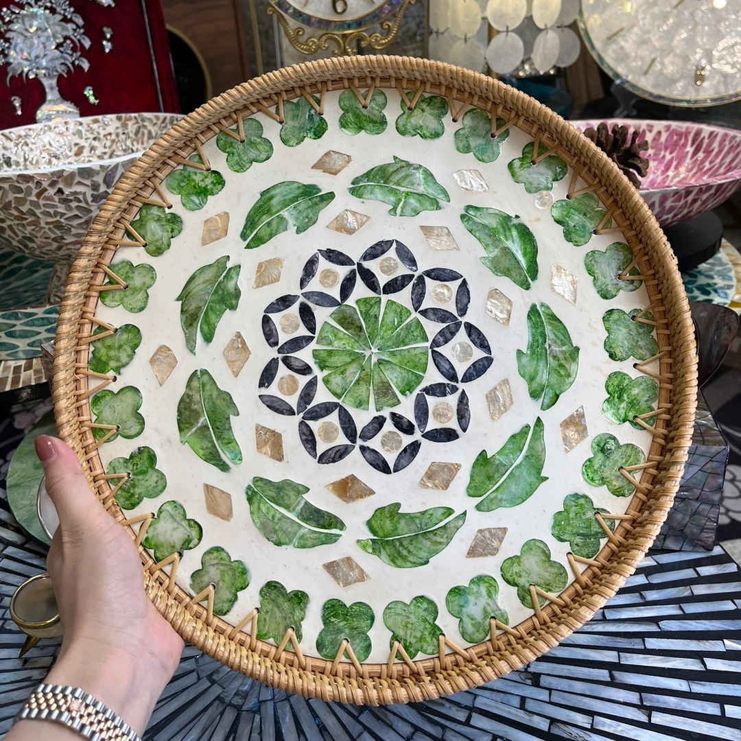 新款买一送一牛油果绿藤编贝壳托盘茶具收纳盘圆形餐垫防烫家用