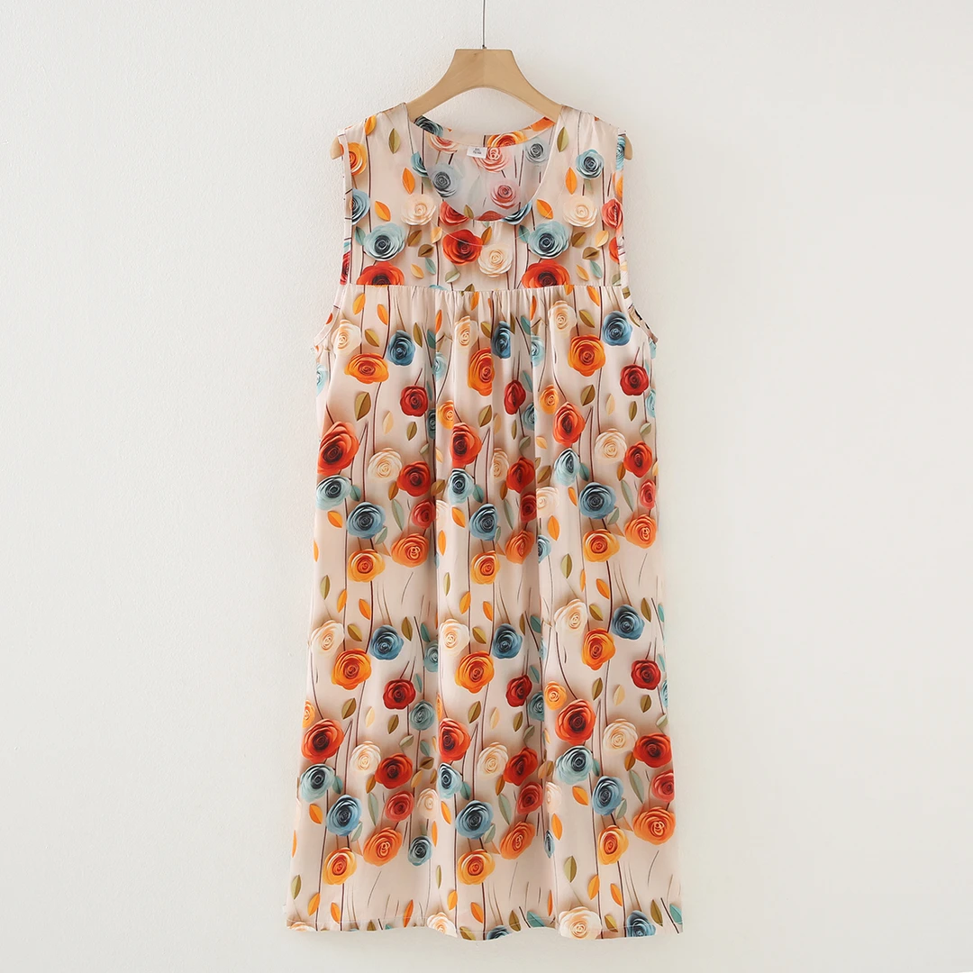 中老年女装绵绸睡裙夏季人造棉无口袋睡衣宽松中长款家居服连衣裙