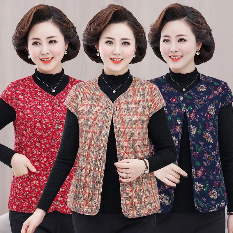 妈妈装马甲女秋冬夹棉保暖睡觉坎肩防寒中老年女背心坎肩圆领护肩