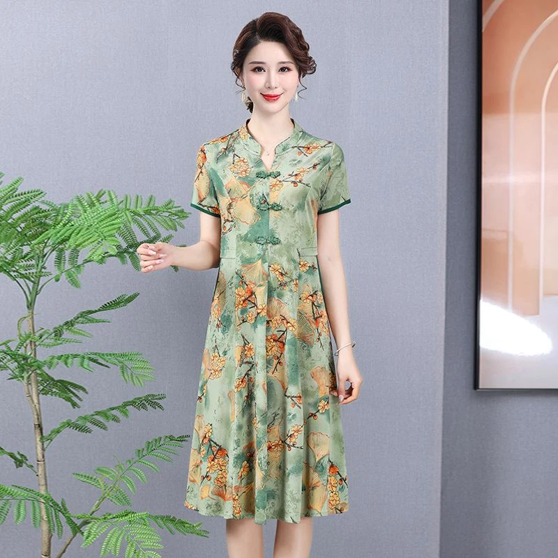 中老年女装连衣裙夏季盘扣V领妈妈装中长款过膝印花口袋长裙高弹