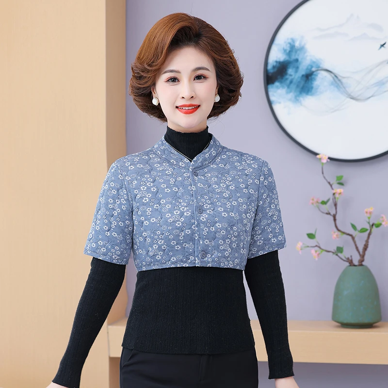 中老年秋冬保暖棉马甲女护肩妈妈装半袖外穿背心加绒坎肩护肩立领