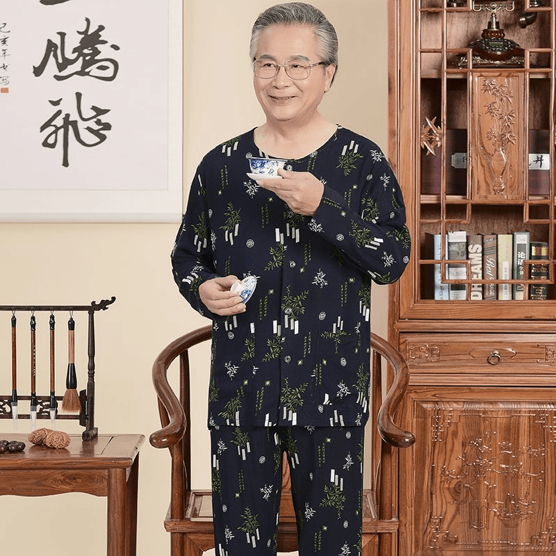 春秋中老年人男士棉绸睡衣爸爸长袖长裤家居服爷爷人造棉开衫套装