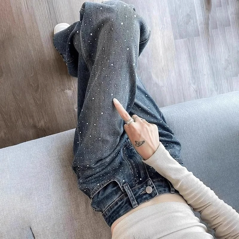 2025新款秋季高腰烫钻窄版阔腿牛仔裤女宽松设计感高街直筒拖地裤