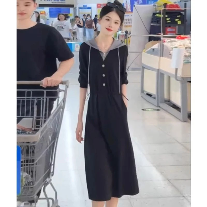 秋季新款假两件拼接连帽长袖连衣裙女休闲气质收腰显瘦中长裙爆款
