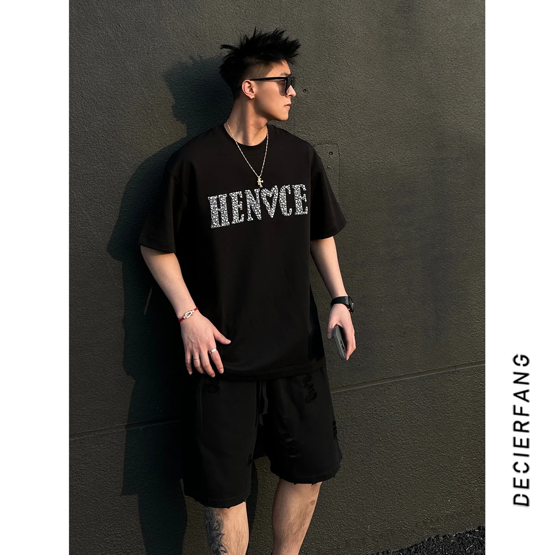 潮男美式烫钻字母设计感短袖体恤男女嘻哈风夏季宽松百搭潮流上衣