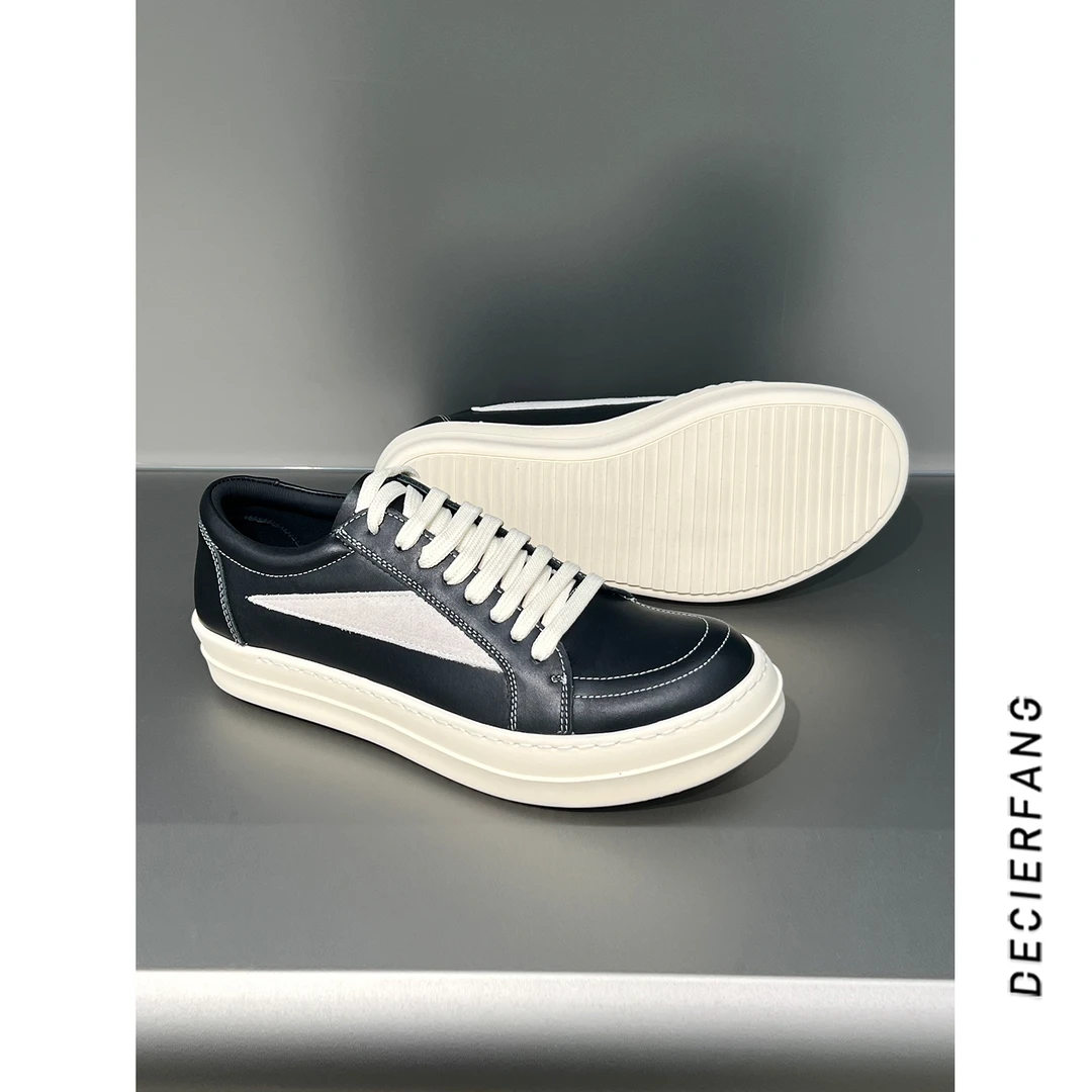 潮牌百搭低帮鞋2024秋冬季新款休闲鞋小众复古厚底拼接黑白系带鞋