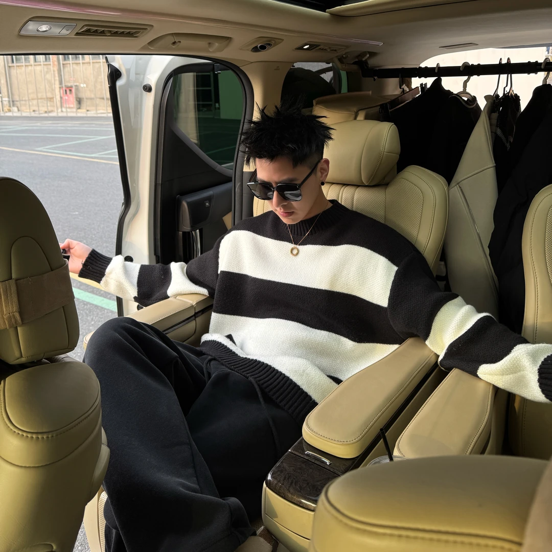 慵懒风拼色针织毛衣秋冬新款情侣复古经典条纹圆领内搭打底衫