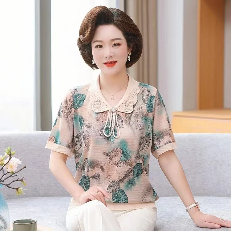 妈妈装夏季新款上新冰丝时尚百搭短袖上衣2023中老年妈妈装236872