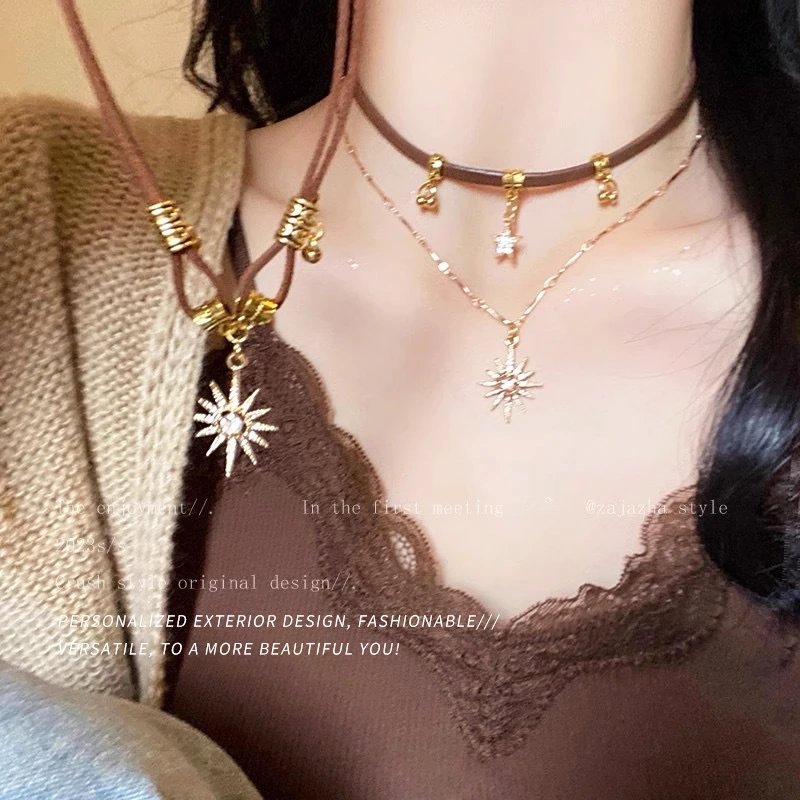 合金合成锆石项链 甜酷美拉德八芒星choker颈链pu皮项链女小众设