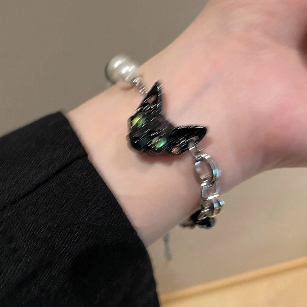 不锈钢仿珍珠手链 暗系高冷黑猫轻奢小众设计感黑白串珠拼接ins手