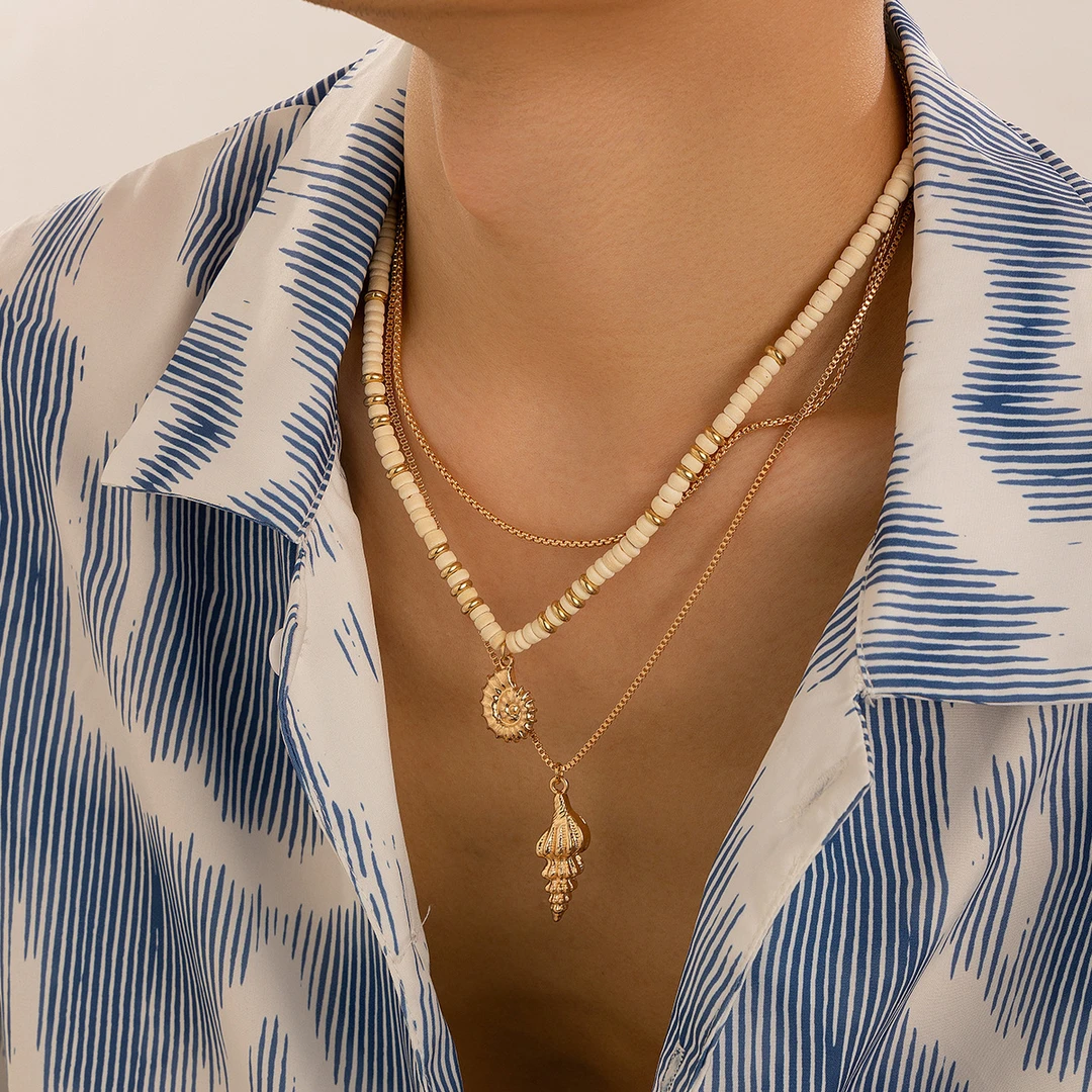 合金亚克力项链 男士夏日椰壳串珠度假风小众长款民族风项链小众