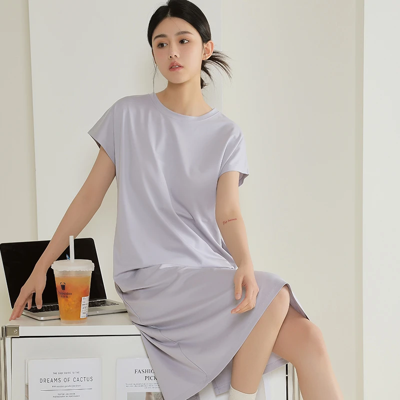 睡裙女士夏季带胸垫冰丝凉感短袖带杯防走光睡衣裙宽松薄款可外穿