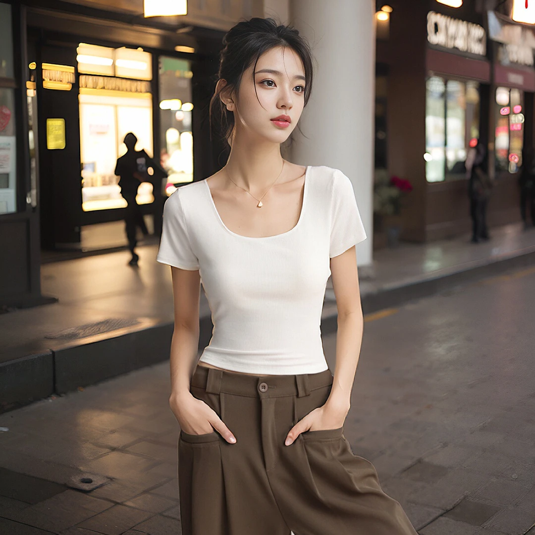 带胸垫打底衣女免穿文胸修身百搭打底T恤新款夏季纯色短袖打底衫