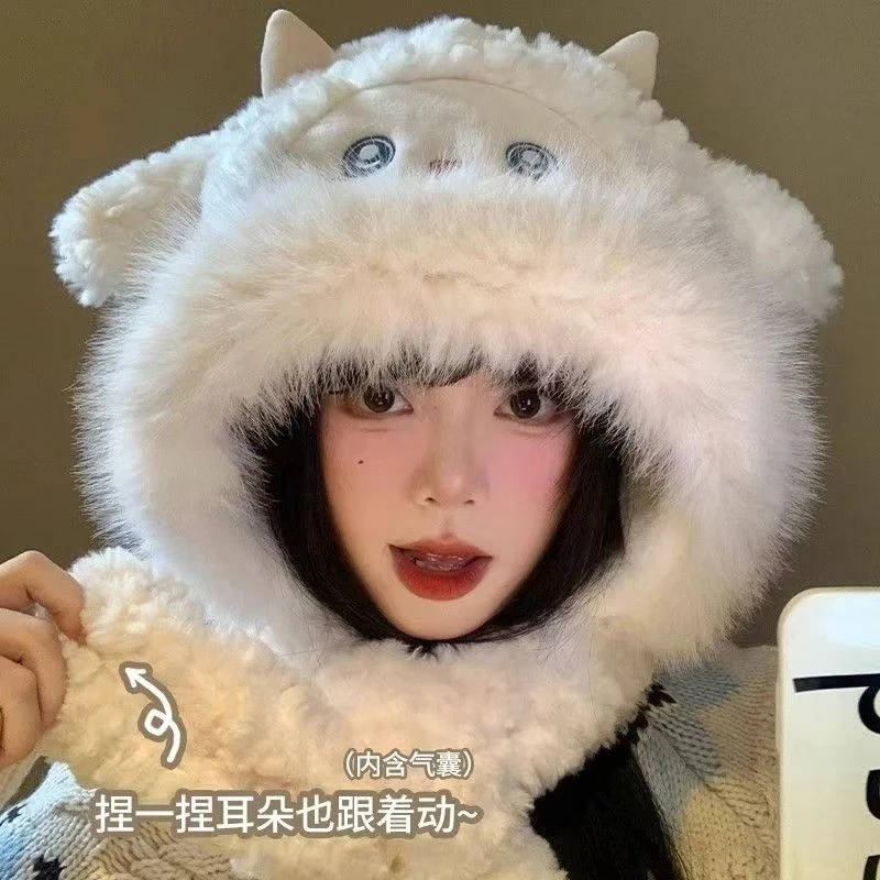 冬季新款可爱小绵羊毛绒帽围巾一体女帽子加厚甜美雷锋帽防寒保暖