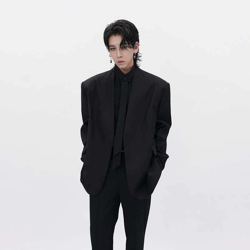 「阑 Půlnoc」原创新式主义黑色西装无领设计感宽松无扣西服