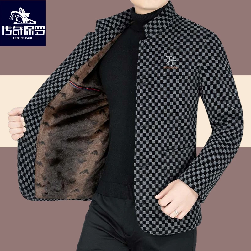 传奇保罗高档男士毛呢夹克外套雪尼尔加绒加厚保暖呢子休闲格子男