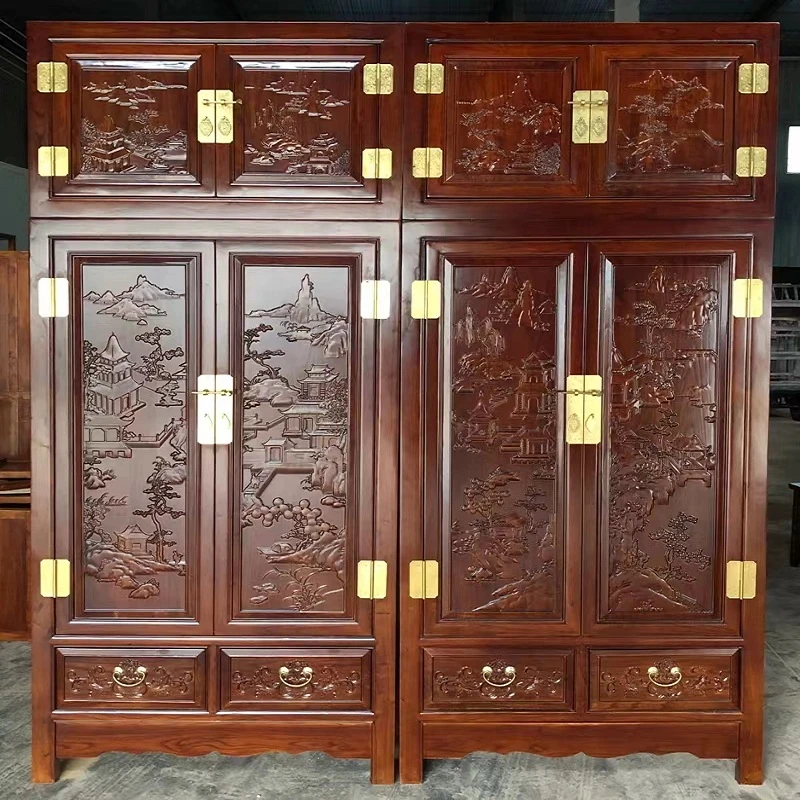 老榆木衣柜实木大容量收纳经济型单双门组合新中式顶箱柜自家生产