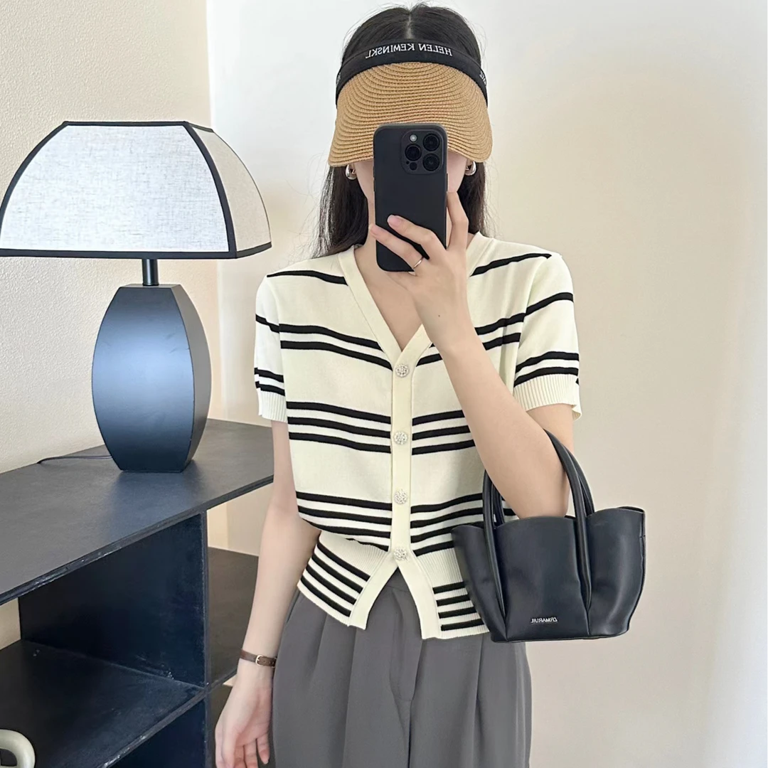 品牌工厂女装上衣开衫显瘦短款针织衫夏季条纹气质高腰时尚休闲