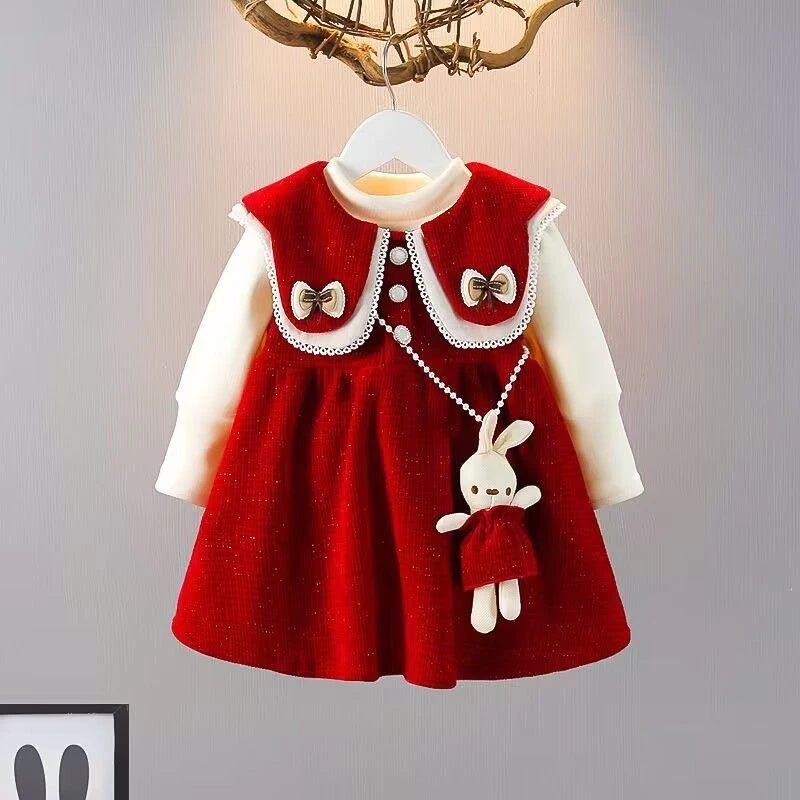 女童连衣裙秋冬小香风公主裙加绒背心冬季红色外套套装保暖加厚